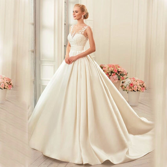 Satin Wedding Dresses Ball Gown real photo white & Ivory elegant Bridal Dress Open Back Wedding Dresses