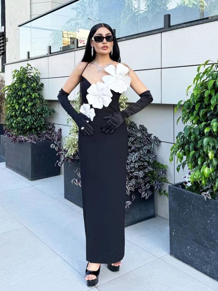 Black strapless dress with new floral diamond core split shoulder design long skirt