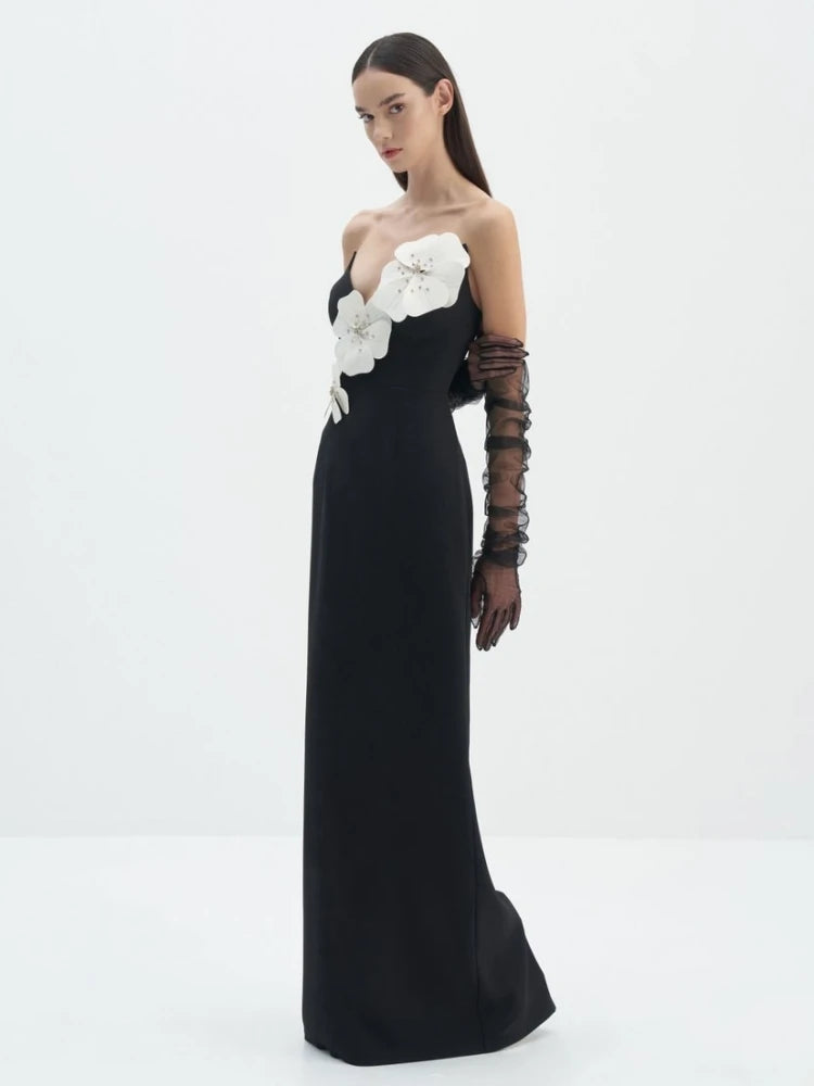 Black strapless dress with new floral diamond core split shoulder design long skirt